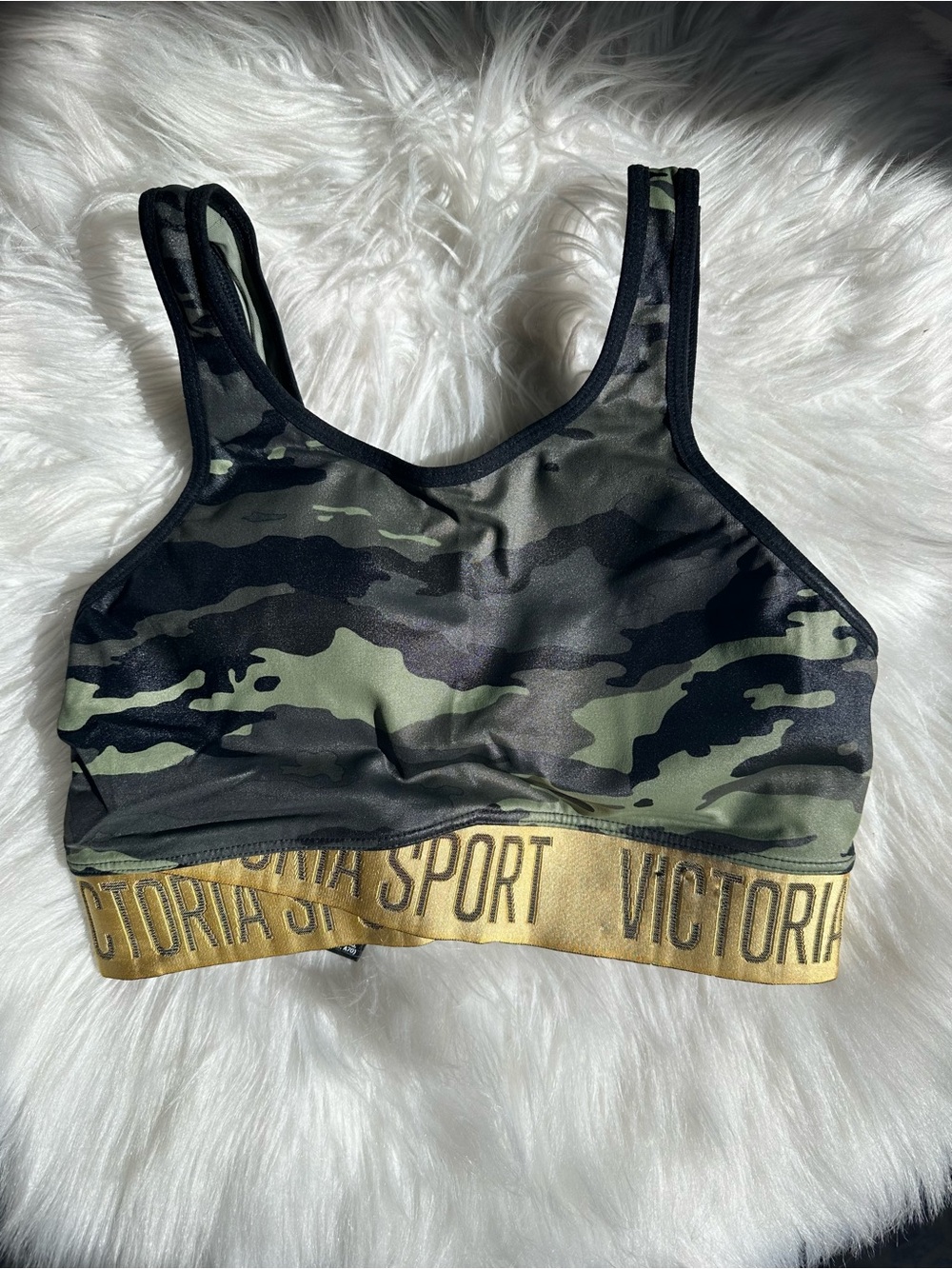 Victoria Sport Camo Sports Bra with Gold Band